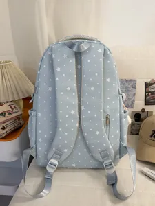 Cute blue star pattern school backpack for women and girls, sweet aesthetic daily casual daypack.