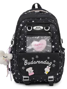 Japanese sweet style black star print school backpack with clear window pain bag design.