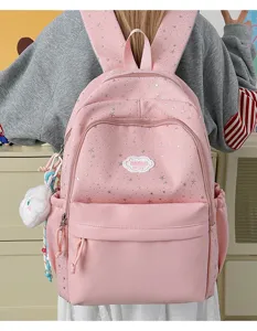 Sweet pink star school backpack with cute cloud pendant, lightweight casual daypack for girls.