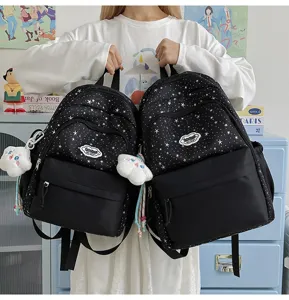 Cute star print casual backpack for school girls, lightweight canvas bookbag with cloud pendant.