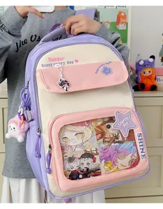 Bonita mochila escolar con ventana transparente para llaveros anime, gran capacidad diaria.