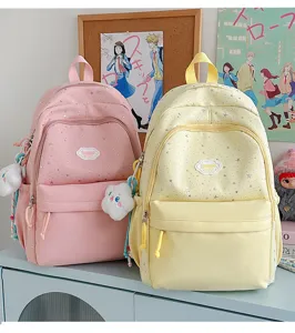 Canvas sweet style school backpack cute star print daypack for teen girls pink yellow