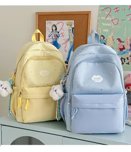 Cute pastel star backpack for school girls, casual lightweight daypack with cute cloud pendant.