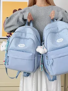 Women Casual Nylon Backpack Star Print School Bookbag Cute Sweet Travel Daypack With Cloud Pendant