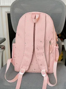Cute pink star print backpack for teen girls, lightweight school bookbag with zipper pockets.