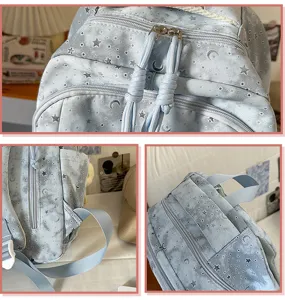 Japanese style cute star moon print light blue backpack student school bag daily casual daypack