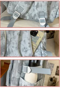 Close-up details of the student backpack featuring adjustable straps and convenient pockets.
