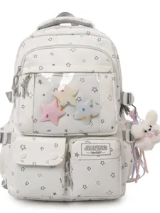 Japanese style sweet star print ita backpack with clear window and cute plush bunny pendant.