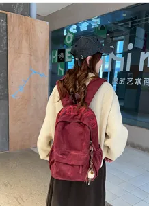 Zaino vintage in velluto a coste giapponese da donna, borsa scolastica elegante capiente.