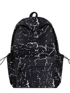 Sac à dos stylé noir et blanc texturé pour femme, grande capacité, idéal pour étudiantes.