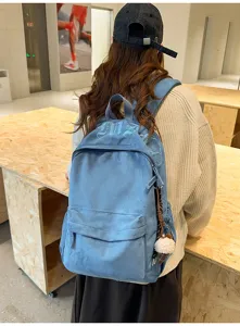 Zaino casual in velluto blu elegante da donna, grande borsa scolastica per uso quotidiano.