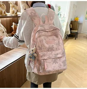 Simpatico zaino scolastico rosa con stampa di stelle stile giapponese per ragazze e studenti.