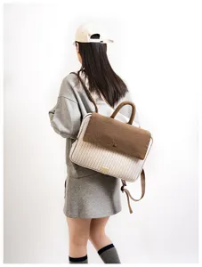 Detailed view of striped backpack with brown flap, top handle, daily commuter style.