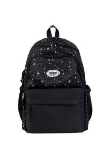 Korean style star print school backpack, cute black casual daypack for student daily use.