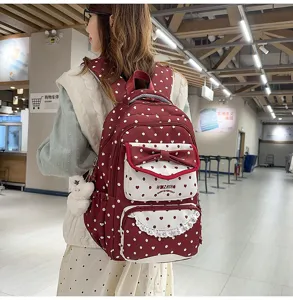 Sac à dos rouge à pois mignon avec nœud et dentelle pour filles cartable style décontracté