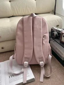 Zaino rosa in velluto stile giapponese carino per donne e studenti, grande zaino casual giornaliero.