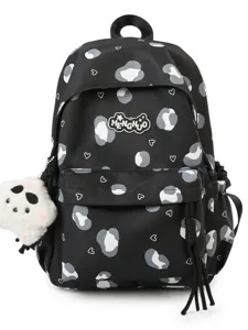 Casual cute black backpack with grey spots and white hearts, daily school travel bookbag.
