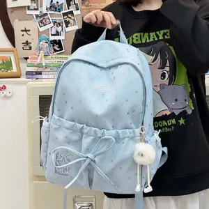 Cute Japanese style blue star backpack for girls, school bookbag with bow and plush pendant.