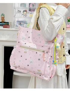 Cute pink canvas tote bag with puppy and star print, large capacity student shoulder bag.