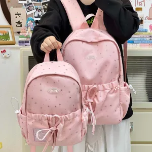 Cute pink star pattern school backpack for girls, Japanese style kawaii student book bag set.