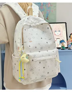 Japanese style cute white puppy star print canvas student school backpack detail shot