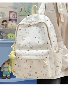 Detailed view of cute Japanese style canvas backpack with dog pattern and star prints, casual use.