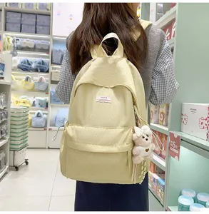 Sweet Japanese style polka dot mini backpack for women, cute bear pendant, casual school bag.