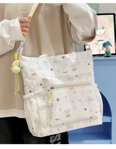 Japanese cute dog print canvas tote bag, large capacity school backpack for daily use.