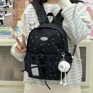 Cute Japanese ins style kids school backpack with star pattern and plush keychain for girls.