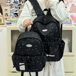 Detailed view of cute black star print school backpack set for students, stylish daily use.