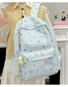 Japanese Korean style cute light blue canvas backpack with cute animal and star prints for use