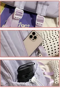 Sweet polka dot mini backpack detail, light purple student school bag features and pockets.