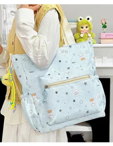 Detail view of a cute Japanese style large capacity canvas backpack with star and puppy print.