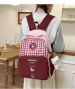 Japanese style sweet plaid backpack student school bag large capacity pink cute bookbag