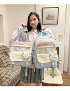 Cute color-block school backpack set with clear front pocket, stars and plush bunny pendant.