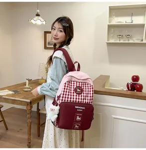Japanese sweet plaid backpack for students, large capacity casual school bag with cute bear.