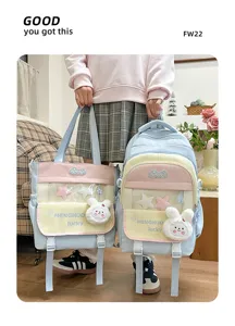 Cute pastel school backpack set with transparent star window and bunny plush pendant, large capacity.