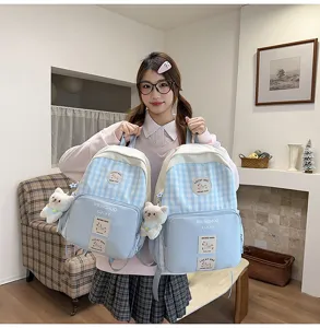 Japanese style sweet plaid school backpack lightweight large capacity double shoulder bag for teens