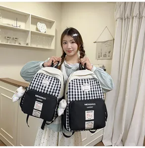 Japanese style sweet black and white plaid backpack lightweight school bag for students