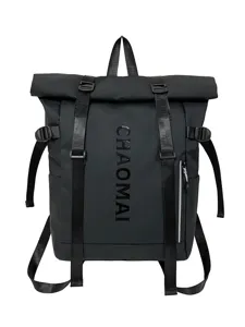 Black roll-top backpack for men and women, casual outdoor travel school book bag with straps.