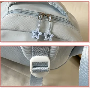 Backpack detail view showing star zipper pulls and durable strap adjuster for daily school use.