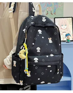 Japanese style black canvas backpack with cute white dog and star print, large capacity daily bag.