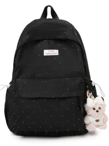 Sweet Japanese style polka dot black backpack with cute fluffy bear pendant for school girls.