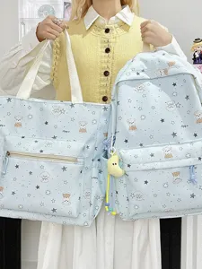 Women Casual Nylon School Backpack Cute Puppy And Star Printed Large Capacity Bookbag With Tote Bag Set