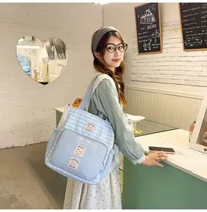 Casual plaid canvas shoulder bag for women, large capacity stylish student school tote bag.