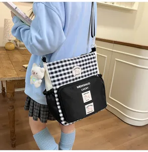 Student campus messenger bag college style contrast color canvas shoulder bag for women