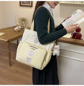 Canvas tote bag for women college style yellow plaid shoulder bag large capacity messenger bag
