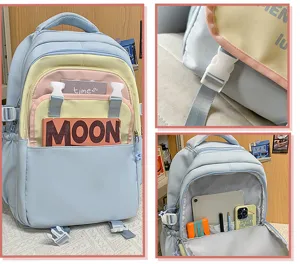 Detailed view of the multi-compartment pastel school backpack showing neat internal pockets.