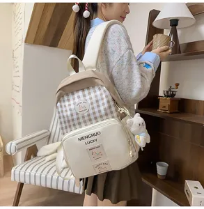 Japanese style canvas backpack cute plaid school bag large capacity casual daypack for students