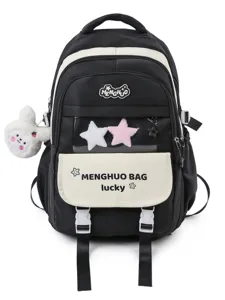 Black and white colorblock school backpack with transparent window and plush stars for girls.